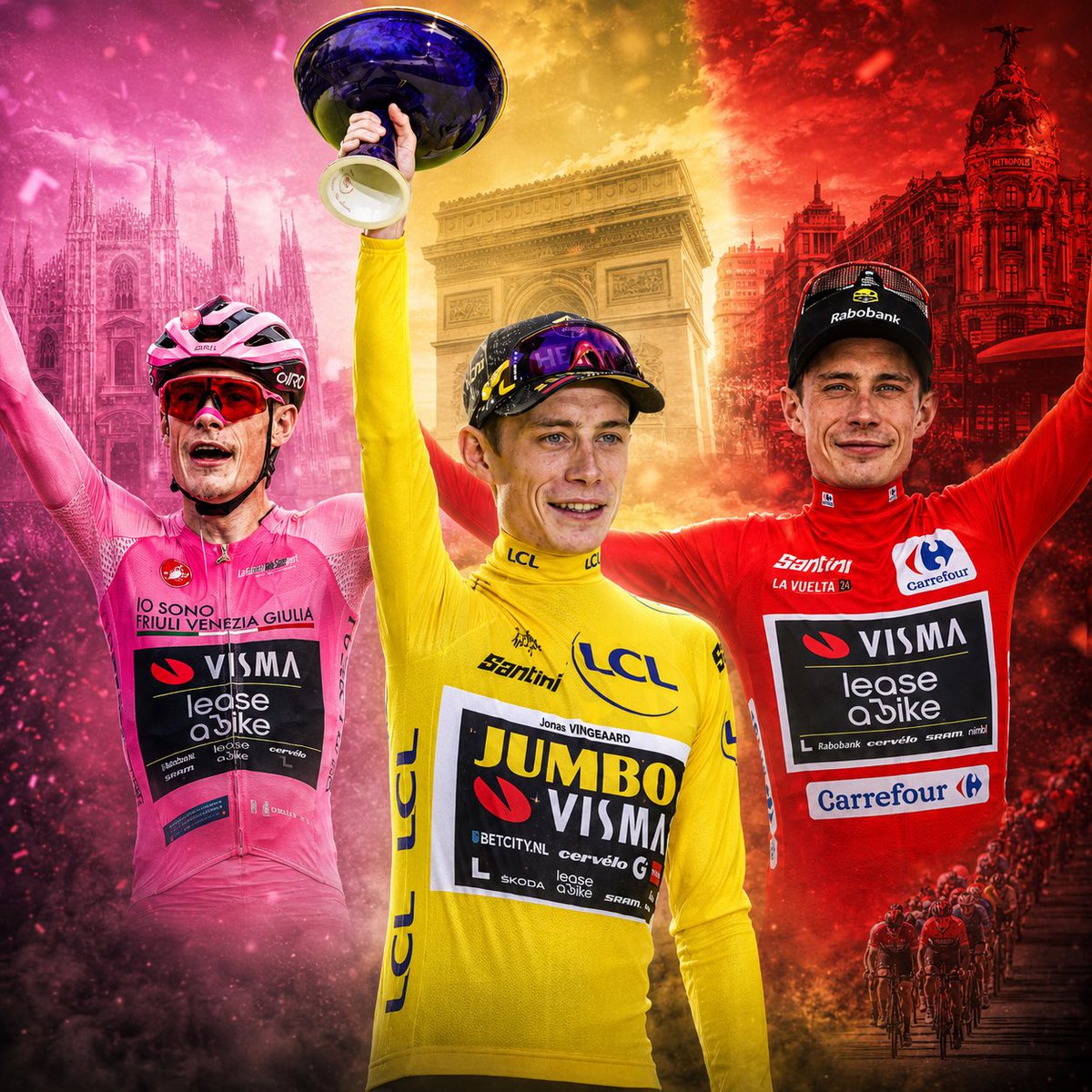 RodriSabato's tweet photo. Quien iba a decir hace unos años, que Jonas Vingegaard ganaría las tres grandes vueltas antes que Tadej Pogacar. 

💛 Tour De France - 22’ 23’
❤️ Vuelta España - 25’
🩷 Giro de Italia - 26’ (oficial mañana) https://t.co/oaE9c9V398