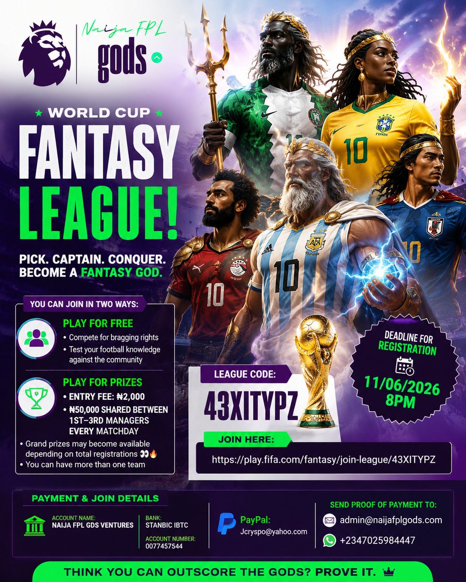 basediah's tweet photo. The stage is set. One game. One trophy. One chance at eternal glory.

⚽ Arsenal 🆚 PSG
🏆 UEFA Champions League Final
⏰ Deadline: 5PM

If you haven't set your team yet, now is the time. While some managers are battling for the top spots, every position on the table is still up for grabs, so finish the competition strong.

The grand prize winners will be announced once the final tables have been verified and confirmed.

And when the final whistle blows on the UCL Fantasy season, we move straight into the next challenge... 🌍🏆

WORLD CUP FANTASY IS COMING!

A fresh start. New rivals. New prizes. Another opportunity to prove you're one of the Naija FPL Gods.

Even if you're nowhere near the top right now, set your team. Football has a funny way of rewarding those who never give up 😁

Good luck, Managers! 🍀

JOIN. REGISTER. WIN. 
https://t.co/ZOjnwtMNQG

#UCLFinal #NaijaFPLGods #WORLDCUP  #WorldCupFantasy #UCLFantasy #FPL