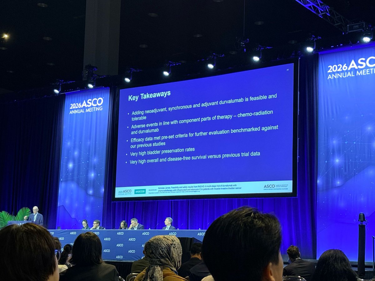 TiansterZhang's tweet photo. @Prof_Nick_James with #RAD-IO trial durvalumab added to chemoradiation in #bladdercancer. Great to see the evolution of treatments for bladder preservation. @asco #asco26 @oncoalert @urotoday https://t.co/J1j4KI6NxG