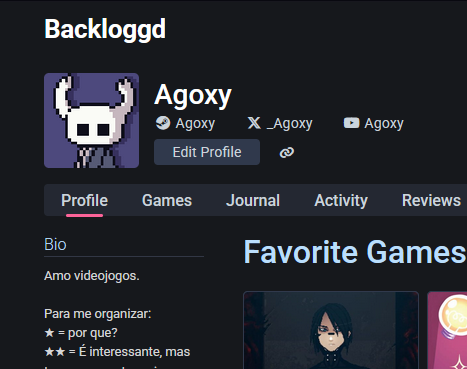 _Agoxy's tweet photo. eu to em dúvida entre continuar usando o backloggd ou usar o yourgamerprofile, ambos tem funcionalidades muito boas, mas a customização de perfil do ygp é muito boaKASJDKFJAKSFJK(tanto q até o layout é lindo) https://t.co/JodRCmCUgH