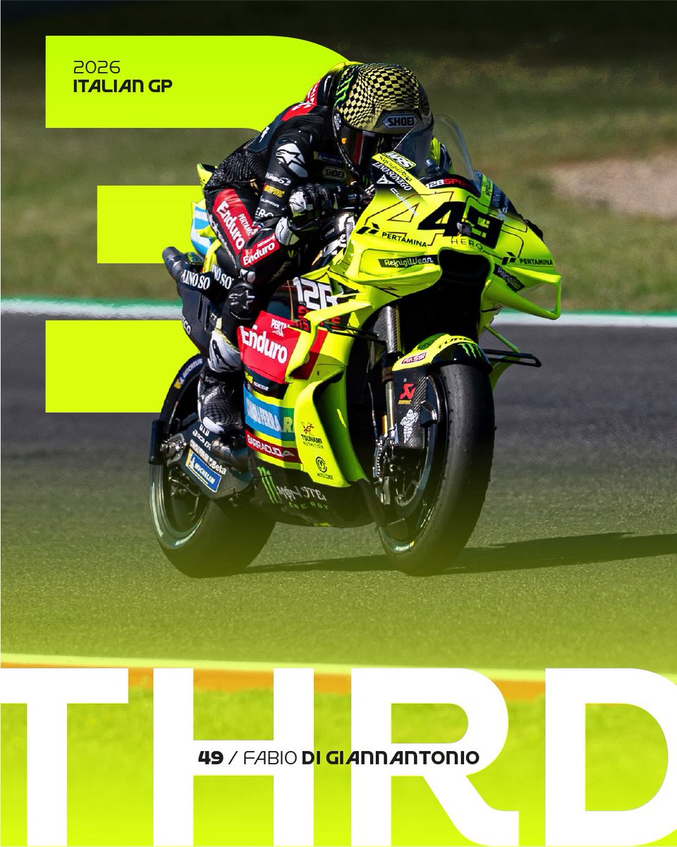 VR46RacingTeam's tweet photo. Amazing race! P3️⃣ Another Sprint Podium! A casa! 😍🇮🇹 grande Diggia 🇮🇹 

#ItalianGP #PertaminaEnduroVR46RacingTeam #MotoGP https://t.co/JiBeZlyv4q