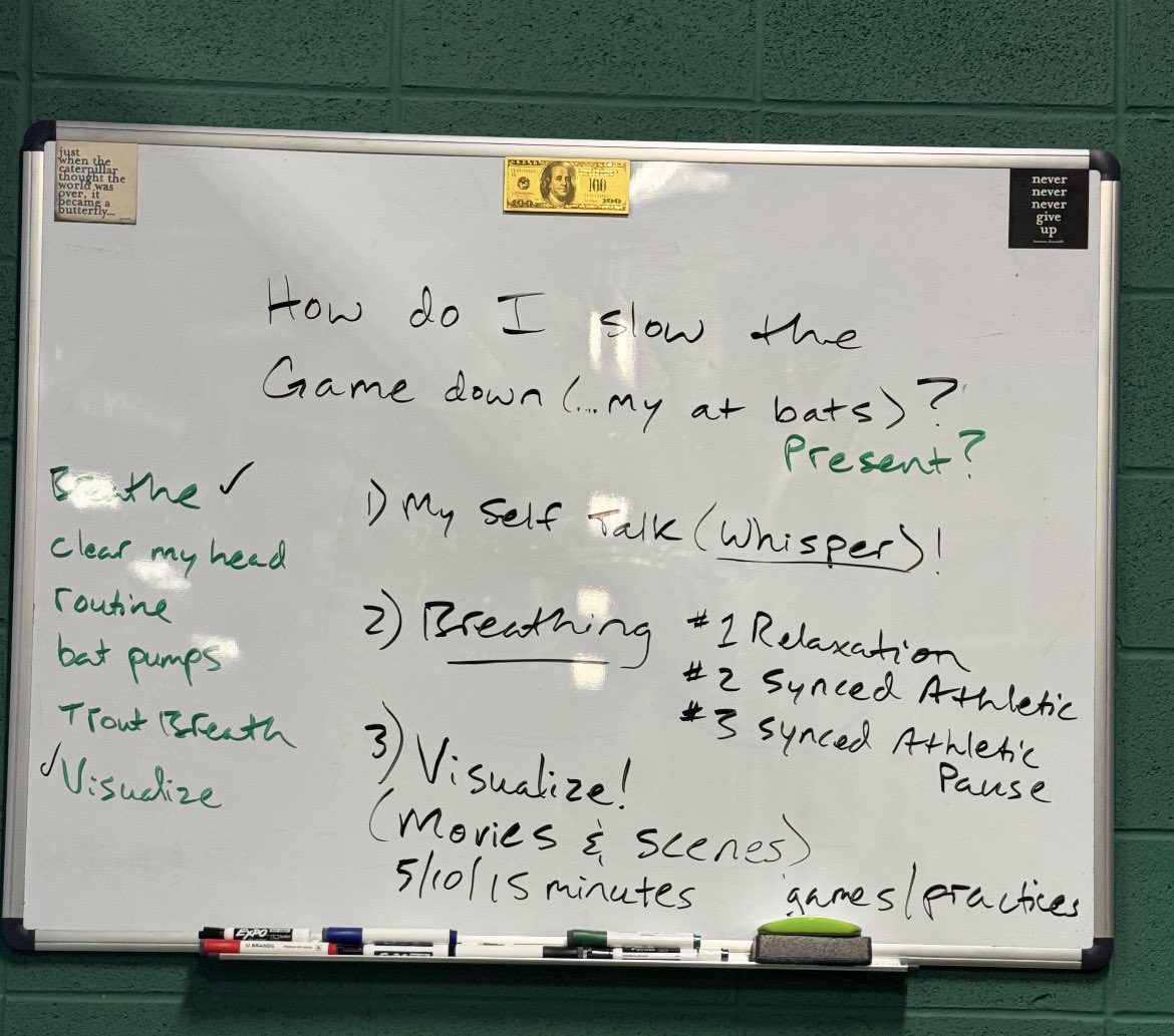 KenHughes2030's tweet photo. How do you slow the game down … (my at bats)? Easy my top three ways to slow the game down are my breathing patterns, my self talk, and my visualization all help me slow the game down. BE PRESENT WHERE YOU ARE, DONT let your mind be everywhere. Let the hands be loose like a jelly fish then when making contact with the ball let it be hard and fierce like a shark. Jellyyyyy SHARK. Talk to yourself, your self talk tackle box is your weapon do NOT let it be a weakness. I like to think of my visualization as movies and scenes. Movie while I’m watching and looking out, scenes while I’m thinking about what I’m going to do. Relaxation should feel good no tension in the body why? TENSION IS POISON. Synch up your breathing it helps you stay relaxed and all put together. Be athletic be free, flow with freedom. “ I learned at Michigan by watching the best players” - Tom Brady. Watch the big leagues, learn from them! Hitting with Arron Hank mirror talk. Mirror talk/work is so important and can show you how you need to adjust. Go find a mirror! Why rush the game? You’ve waited all day for the game now you want to go rush it, NO! Relax stay calm and enjoy the game. Interviews, easy be calm, use your hands, look at the camera/the people, be confident. Your tone and tempo is just as important as what you say. You’re gonna go train? Train at game speed, once you go hard use the reset button to calm down then get right back to work. Time for the weekend games, be ready, 2 for me 1 for my team. What’s better than clear? Crystal clear. Clear? Crystal. 10lb weight bat pumps, listen to the weight, bat pump. 
How you oil your swing? Tee work. While bunting you want to get it in the perfect spot, catch a fish. All pitchers are hittable none are not hittable. Self talk isn’t just in the head you need to talk out loud and WHISPER! Have barrel awareness/ barrel control it keeps your proposition in good shape! Joey Votto talks hitting and how the big leaguers can place it anywhere they want. Looking and stance, feet first, knees next, arms, hands. Great lesson with @FeelGoodHitting once again! 

@PGFnetwork @MagicGoldSB
@SoftballHome @fastpitchwatch @ExtraInningSB @SoftballAmerica
@BradyVernon
@los_stuff @LineDsoftball @IHartFastpitch @CoastRecruits
@SBRRetweets @gatorjack72
@SoftballDown @ExtraInningSB @LineDsoftball @SoftbalAmerica @los_stuff
@fastpitchwatch @Softball_Home @TopPreps @BallGirlSports @DfwSho
@softball_dugout