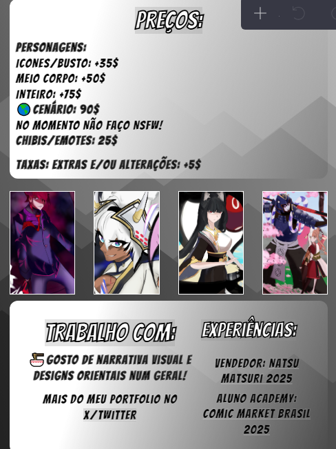 Yunna_Tsubasa's tweet photo. COMISSÕES DE EMERGENCIA

Tenho a saúde mais fragil tem um tempo e to numa situação delicada a respeito da mesma, que tem piorado.

Quero fazer uns exames mas to apertado
Quem curtir meu trabalho e quiser encomendar, me chama ou da rt
mais detalhes no card

https://t.co/zSOcPwzmap https://t.co/PDt82t5gu3