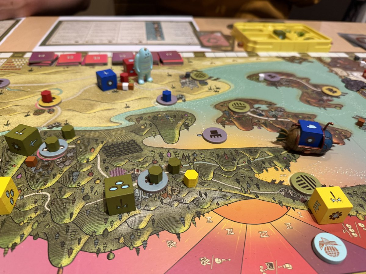 yellow_meeple's tweet photo. 今日はタンブリングダイスでえんやす会でした。念願の『フューダム』をプレイしました。インスト2時間半、プレイは4時間ぐらいかかりました。「Improve Action」（改善アクション）は1回で1カ所のみなのか、できる所は改善していいのか分かりませんでした。誰か教えてください！ https://t.co/30eHMinFOq
