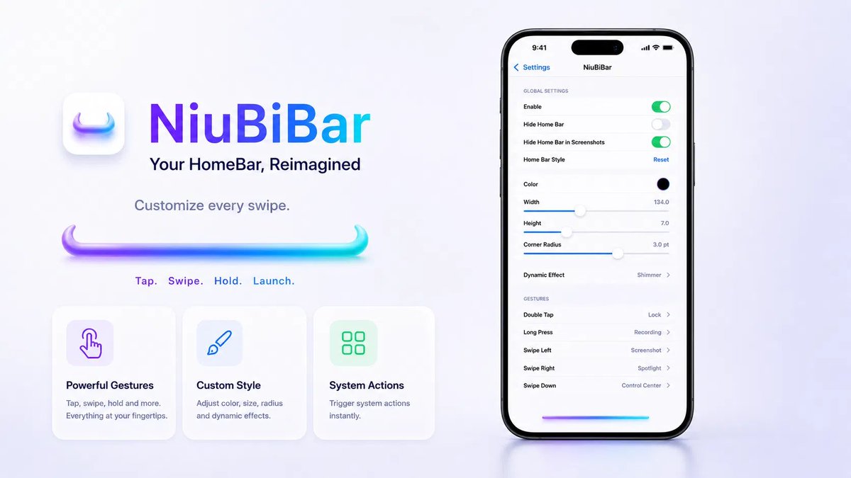 cydia_mriphone's tweet photo. اداه جديدة NiuBiBar
تدعم15.0 - 17.0
مدفوعة/سورس/https://t.co/9TO2nri1Ll
🔥 تعديل مميز لتخصيص Home Bar في iOS
✅ إخفاء شريط Home Bar حتى من لقطات الشاشة
✅ تخصيص الحجم والشكل والرسوم المتحركة
✅ إضافة إيماءات مثل النقر المزدوج، الضغط المطول، والسحب
يمكنك تنفيذ إجراءات سريعة مباشرة من أي تطبيق مثل:
🔒 قفل الشاشة
📸 التقاط لقطة شاشة
🎥 تسجيل الشاشة
🔎 Spotlight
🌙 الوضع الداكن
📶 Wi-Fi وBluetooth والمزيد

الأجهزة المختبرة
iPhone XR - iOS 15.1 - الدوبامين
iPhone 14 Pro - iOS 16.1.2 - Dopamine-roothide