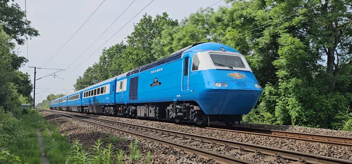 Harrod15S's tweet photo. Midland Pullman HST's 43049 'Neville Hill' & 43058 'Loch Eil' through Arksey nr Doncaster this morning working 1Z43 / 1G43 Chelmsford to Inverness #class43 #HST #bluepullman #trains #Arksey https://t.co/rf7RrXW0On