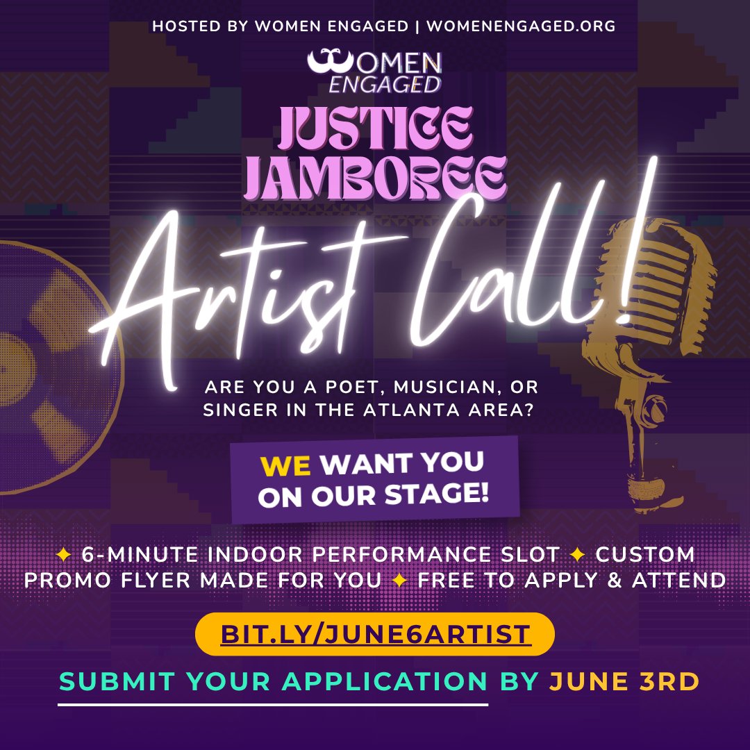 WomenEngaged's tweet photo. ATL poets, musicians &amp; singers — Women Engaged wants YOU on stage at Justice Jam!
Free community celebration @ Greenbriar Mall | June 6, 1–5 pm
6-min performance slot + your own promo flyer
Apply by June 3rd → https://t.co/za1BSP8Xvn https://t.co/MoyWcxF8TE