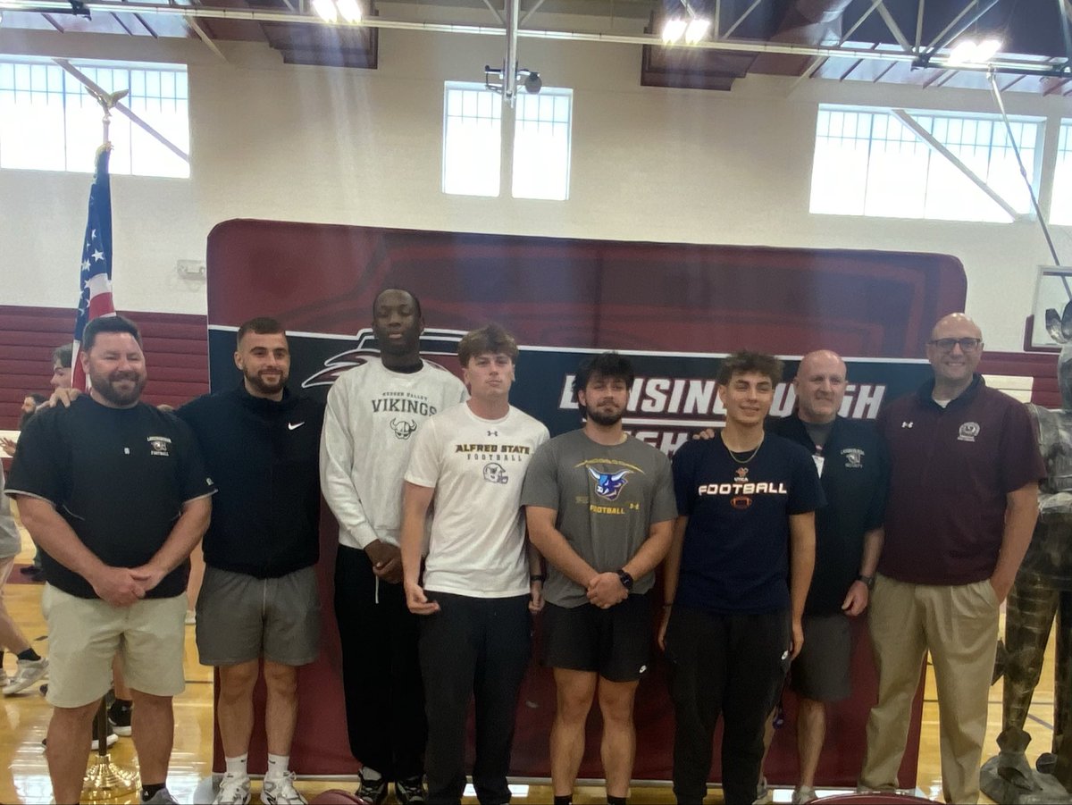 LBurghFootball's tweet photo. Congrats to our Seniors who signed to play at the next level today!
Shoutout to the 5 members of our program:
Chad Gamache Jr. - Alfred State 
Josh Shanahan - Alfred State
Kornell John - Hudson Valley
Brayden Wilkinson - Utica University
Josiah Acevado - Russell Sage (Basketball) https://t.co/EvkIKIHBRi