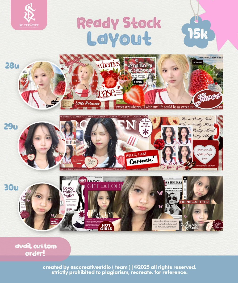 sccreative2's tweet photo. Help retweet? thank you 💗 
Haiii, aku kembali membawa layout ready stock terbaru dari Carmen &amp; Jiwoo ✨
☎️ Claim layout-nya di wa @sccreativestdio

#zonauang #zonaba https://t.co/SDqKEl2wUQ