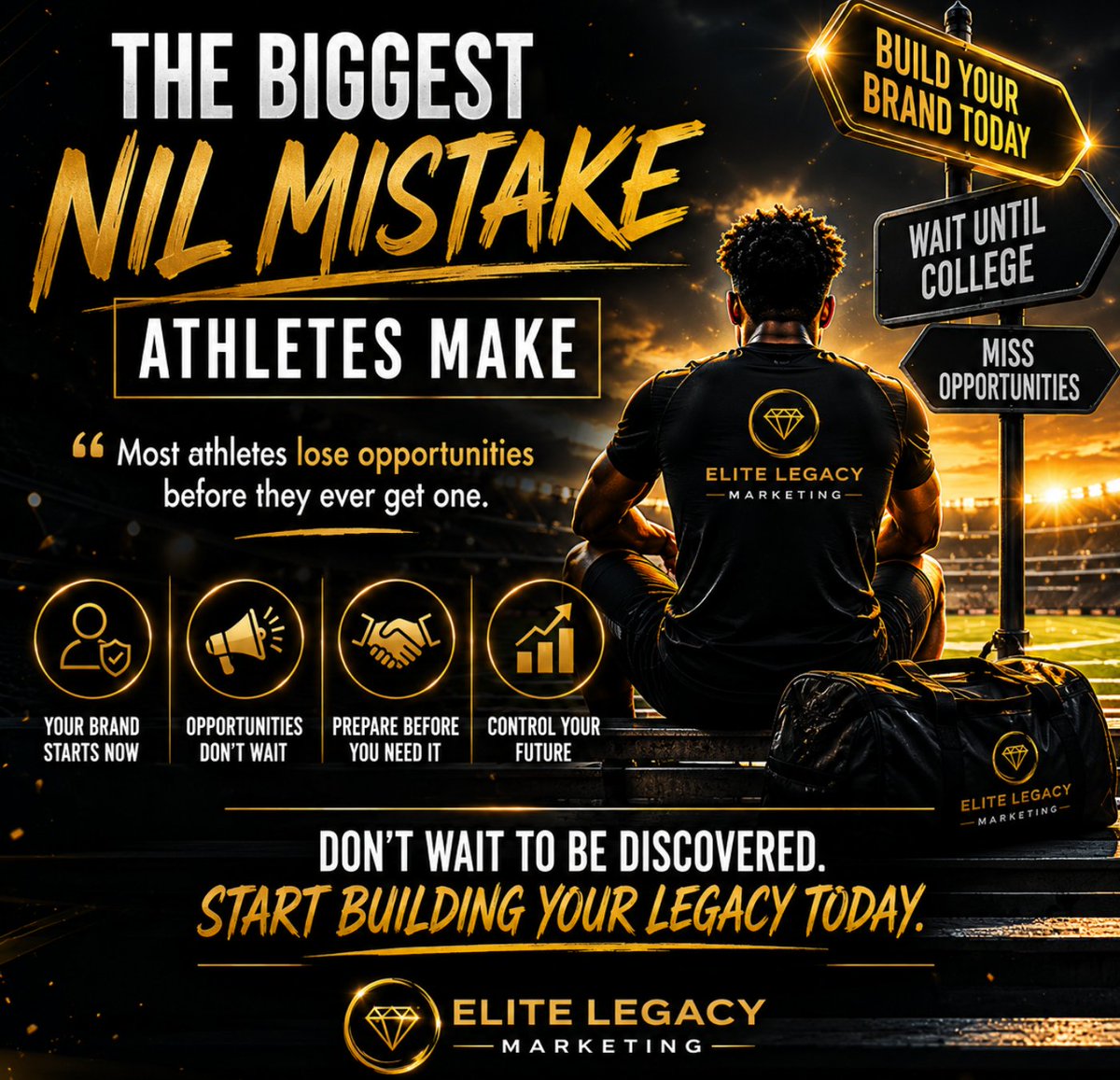 EliteLegacyMark's tweet photo. Most athletes think NIL starts when the offers arrive.

It doesn't.

The biggest mistake athletes make is waiting until college to start building their brand. By then, opportunities may already be passing them by.

Your reputation, social media presence, relationships, and personal brand are being built right now. Every post, every interaction, and every decision contributes to how coaches, businesses, and future partners see you.

The athletes who create the most opportunities aren't always the most talented. They're often the most prepared.

Start building your brand before you need it.

Need help creating an NIL strategy, personal brand, or long-term athlete marketing plan? Follow @EliteLegacyMarketing and send us a message to learn how we help athletes turn their names into opportunities.

#EliteLegacyMarketing #NIL #NILEducation #AthleteBranding #StudentAthlete #SportsMarketing #CollegeRecruiting #AthleteDevelopment #PersonalBrand #FutureFocusedAthlete #NILStrategy #AthleteSuccess