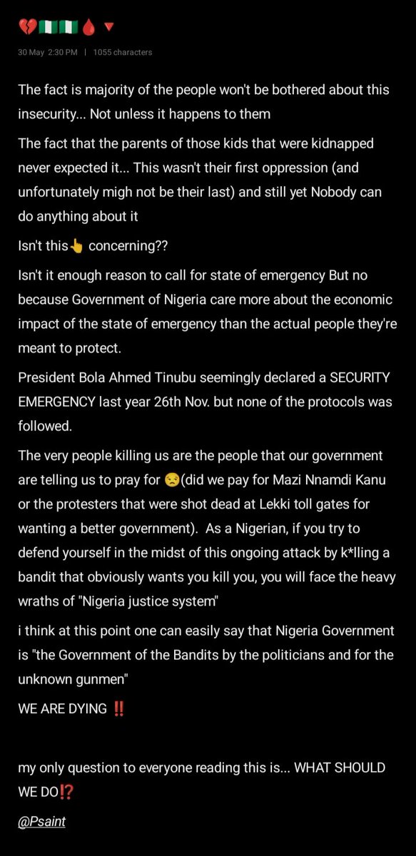 theonlyPsaint's tweet photo. 😔😔😔🇳🇬💔
#may30 #actofwar #stateofemergency https://t.co/jWaKEucXRh