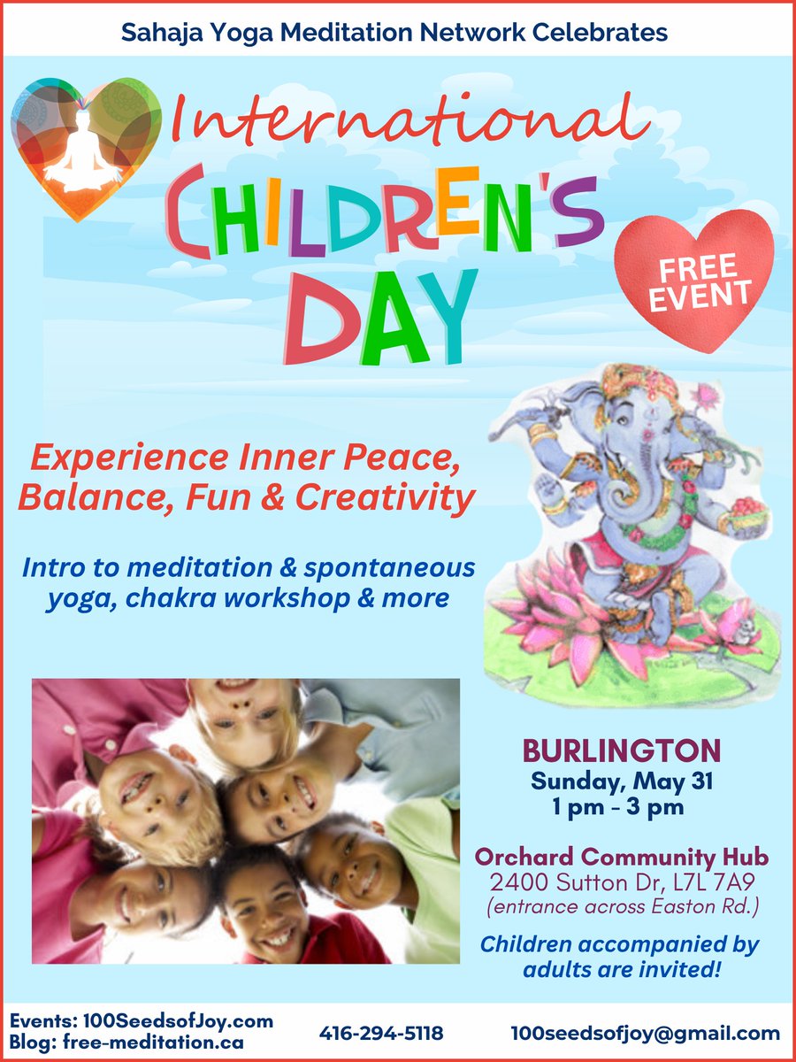 SY_Halton's tweet photo. 🌱🧘🧘‍♀️Join a https://t.co/Hf8L5gvYCe Free Event on Sun May 31 @cityburlington @OrchardHub Celebrating the International Children's Day .
It's not only for the young but also for the young at heart. Come &amp; Reconnect with your inner child: let's find joy &amp; inner peace together.🌳 https://t.co/ZpTY8wUJ3Y
