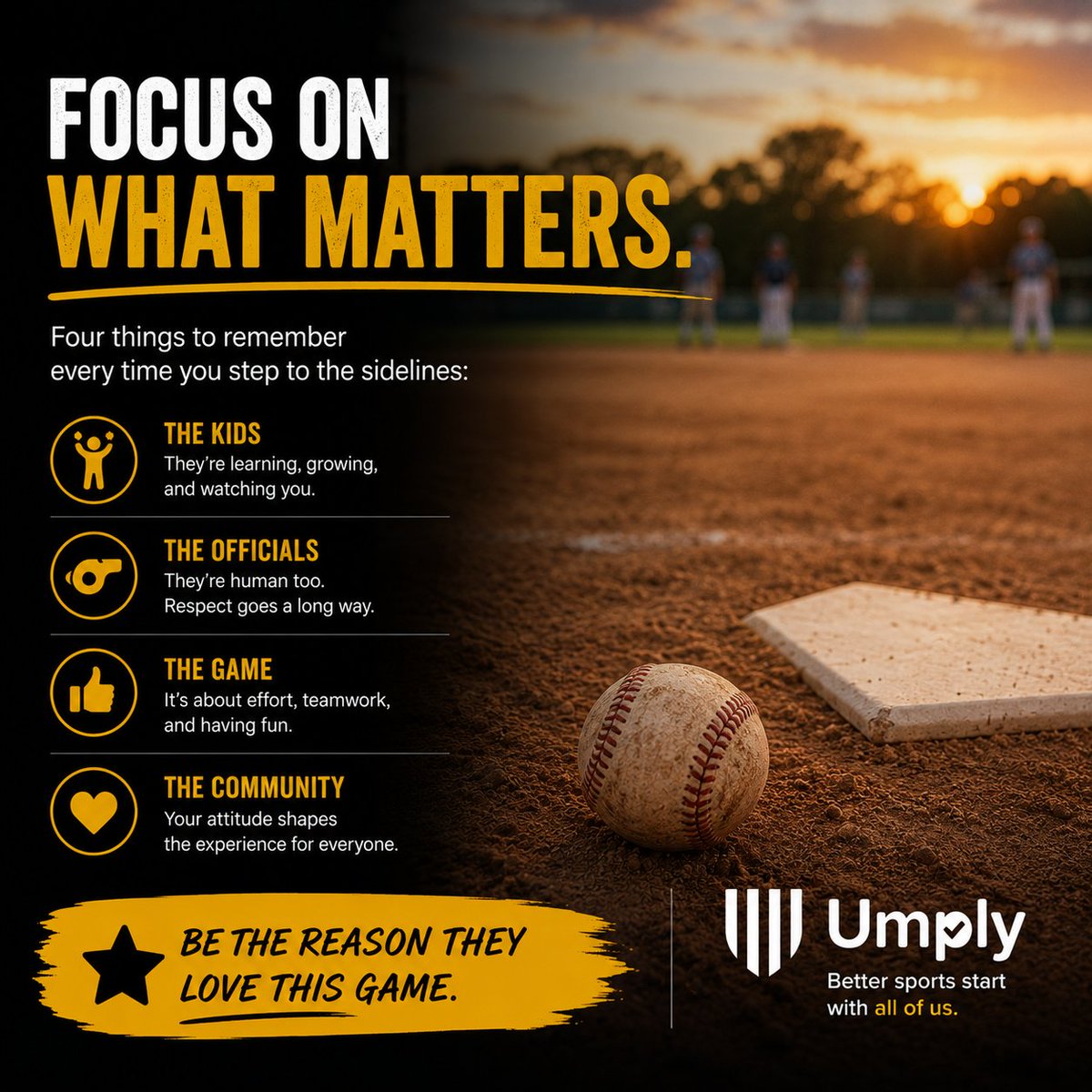 umplyapp's tweet photo. Focus on what matters. ⚾

The kids.
The officials.
The game.
The community.
Every sideline, every comment, every reaction shapes the experience.
Be the reason they love this game.
#YouthSports #Sportsmanship #RespectTheGame #Officials #BaseballParents #Umply #OfficiatingSimplified
