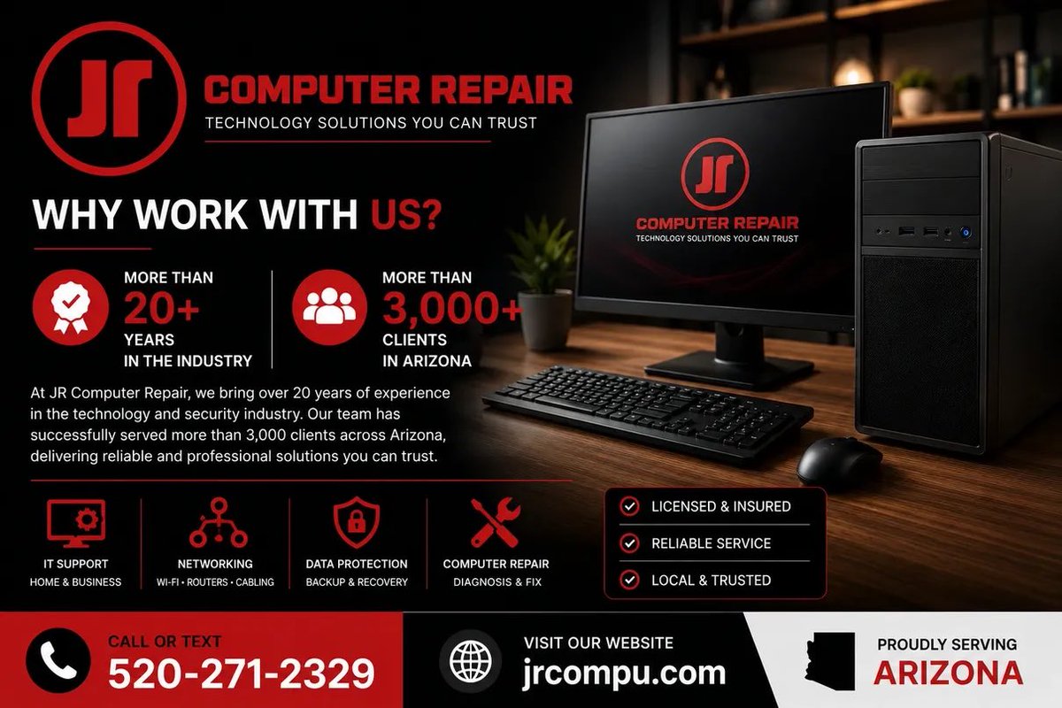 jrcompu's tweet photo. At JR Computer Repair, we bring over 20 years of experience in the technology and security industry. 

Our team has successfully served more than 3,000 clients across Arizona, delivering reliable and professional solutions you can trust. https://t.co/zv9KekFuxt