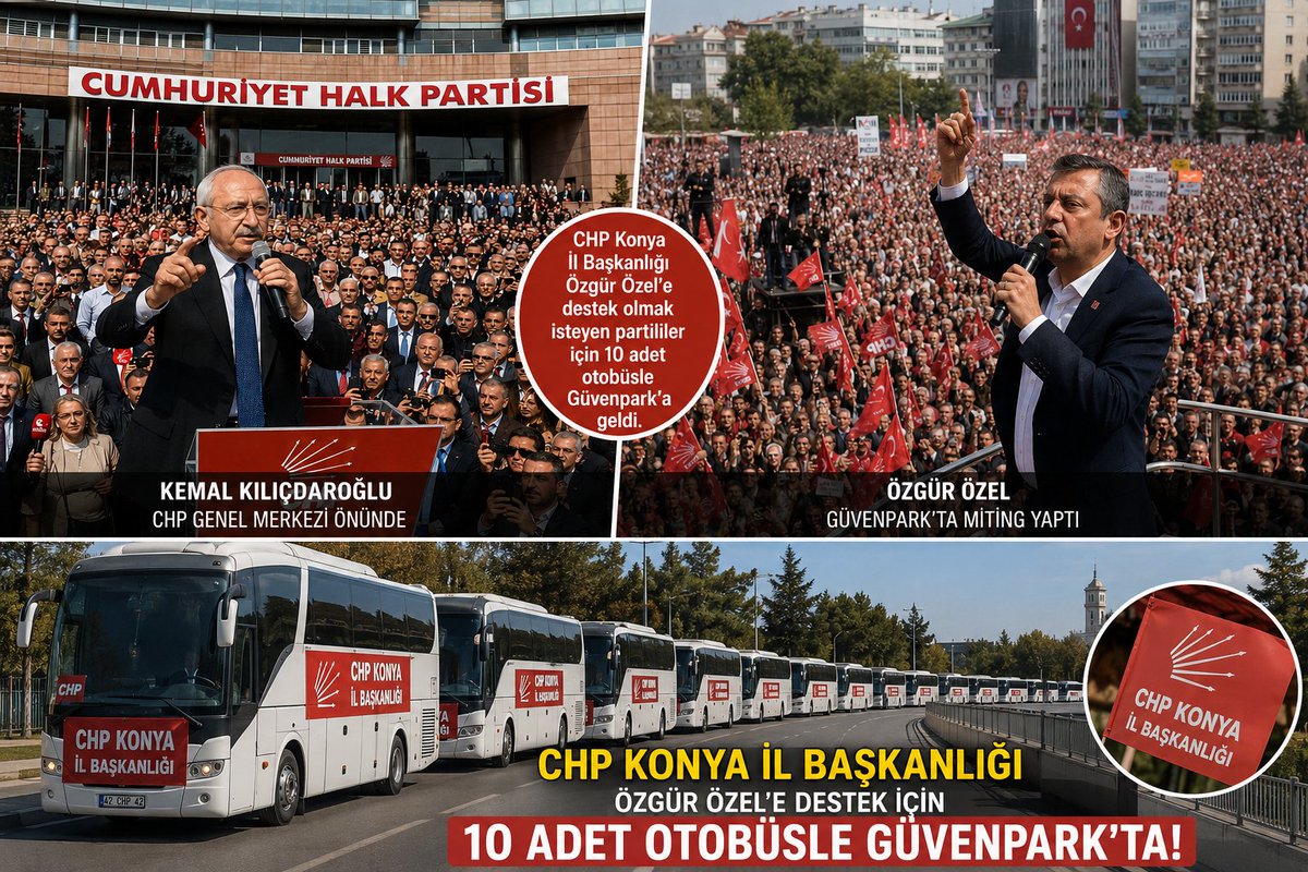 konyaprestijtr's tweet photo. Bugün saat 14:00'te Kılıçdaroğlu CHP Genel Merkezi önünde, Özel ise Güvenpark'ta Miting yaptı. CHP Konya İl Başkanlığı Özel'e destek veren üyeleriyle 10 otobüsle Güvenpark'a geldi. https://t.co/SwGbgr904C
