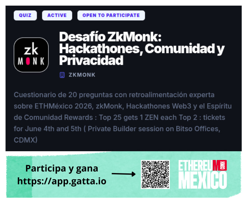 zk_monk's tweet photo. ¿Qué tan sólido es tu conocimiento sobre el ecosistema descentralizado? 🤔

Te desafiamos a responder este Quiz de 20 preguntas sobre: 
🇲🇽 @ethereum_mexico 2026 &amp; Hackathones Web3 
🐵 Privacidad y ZK con zkMonk
🤝 Bienes públicos y el espíritu de comunidad https://t.co/spFSb9PEBM