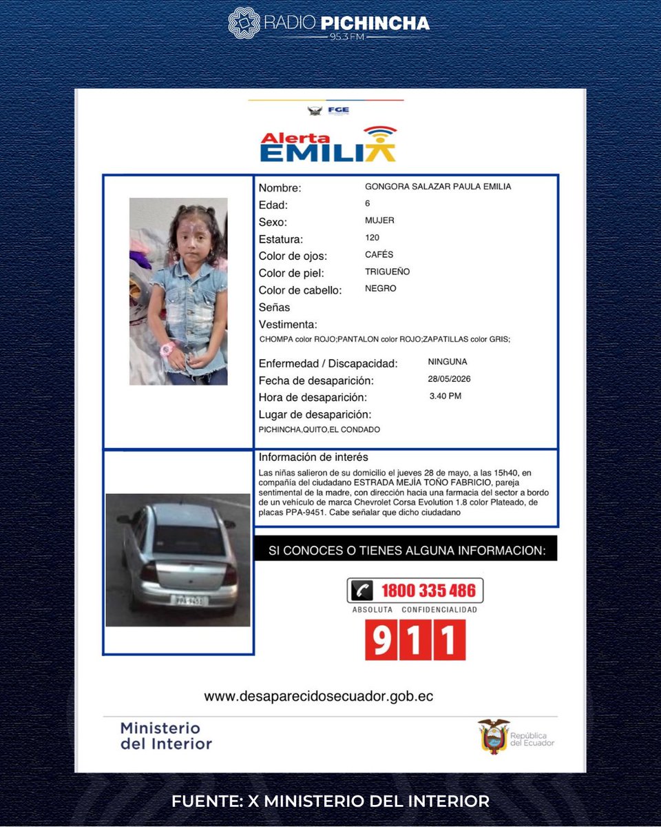 radio_pichincha's tweet photo. 🔴 #ATENCIÓN | Las autoridades activaron la Alerta Emilia para localizar a Andrea Romina Alarcón Salazar y Paula Emilia Góngora Salazar, reportadas como desaparecidas en #Quito. Según información difundida por las autoridades, las dos menores habrían salido junto a Tonio Fabricio Estrada Mejía, quien sería pareja sentimental de la madre de las niñas. Además, el Ministerio del Interior confirmó que el ciudadano es consumidor de sustancias sujetas a fiscalización.
👉 Si tiene información comuníquese de inmediato al 1800-DELITO (335486).
#LaRadioDeLasNoticias