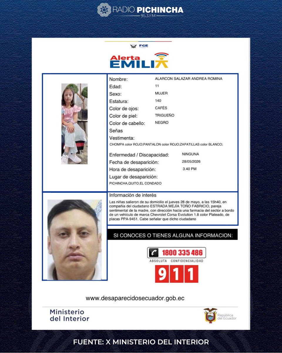 radio_pichincha's tweet photo. 🔴 #ATENCIÓN | Las autoridades activaron la Alerta Emilia para localizar a Andrea Romina Alarcón Salazar y Paula Emilia Góngora Salazar, reportadas como desaparecidas en #Quito. Según información difundida por las autoridades, las dos menores habrían salido junto a Tonio Fabricio Estrada Mejía, quien sería pareja sentimental de la madre de las niñas. Además, el Ministerio del Interior confirmó que el ciudadano es consumidor de sustancias sujetas a fiscalización.
👉 Si tiene información comuníquese de inmediato al 1800-DELITO (335486).
#LaRadioDeLasNoticias