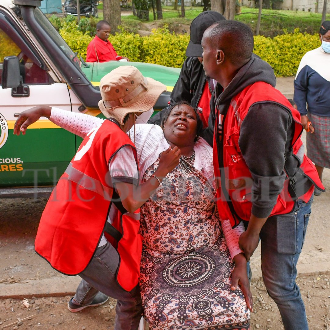 StandardKenya's tweet photo. Relatives of the 16 Utumishi Girls Academy students who perished in the deadly dormitory fire  overcome with grief after viewing the bodies at the Naivasha Sub-County Hospital mortuary. The families are now awaiting DNA test results as forensic experts conduct examinations to identify victims whose bodies were burnt beyond recognition. 

Photos by Kipsang Joseph.