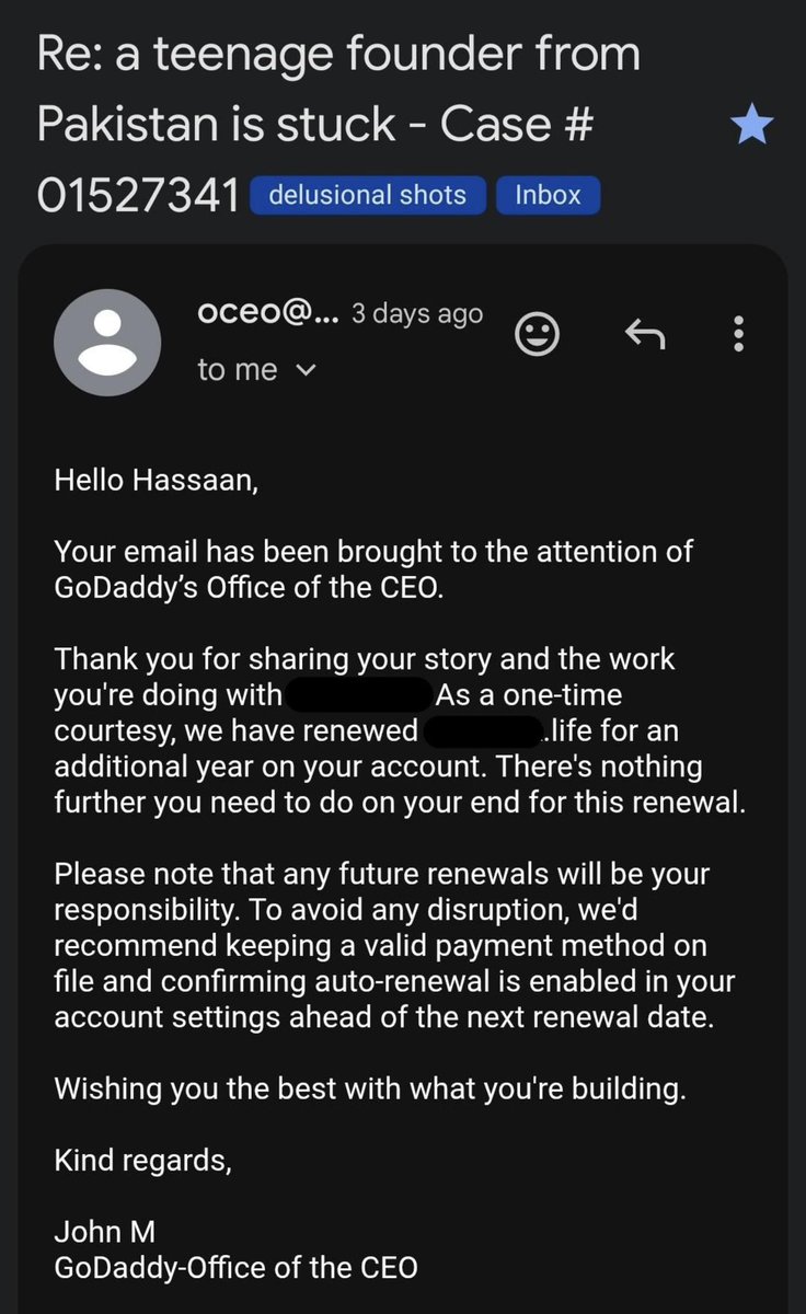 inspirdanalyst's tweet photo. A kid in Pakistan couldn’t afford to renew a $60 domain.
So he cold emailed the CEO of GoDaddy for a year free.

And it worked.

He came across the Cold Email Hall of Fame, saw the cold email to Evan Spiegel, and rewrote it for his situation.

Now he’s giving Walter Isaacson a demo.

Love these cold email stories.