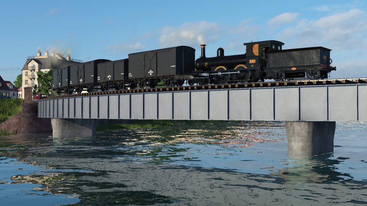 rail8620's tweet photo. #TPF2 #Transportfever2
昔の港湾都市にありがちなカーブの鉄橋で水路を渡る専用線。。。 https://t.co/q9SIKAK7ST