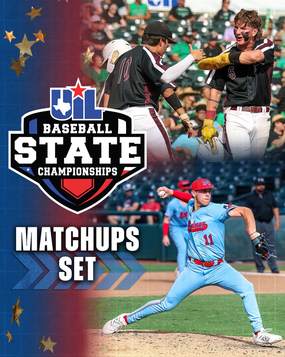 uiltexas's tweet photo. The #UILState Baseball Championship matchups are set! ⚾️🏆

State Schedule: https://t.co/lnIdppjUFu https://t.co/isBm0Wm6vH