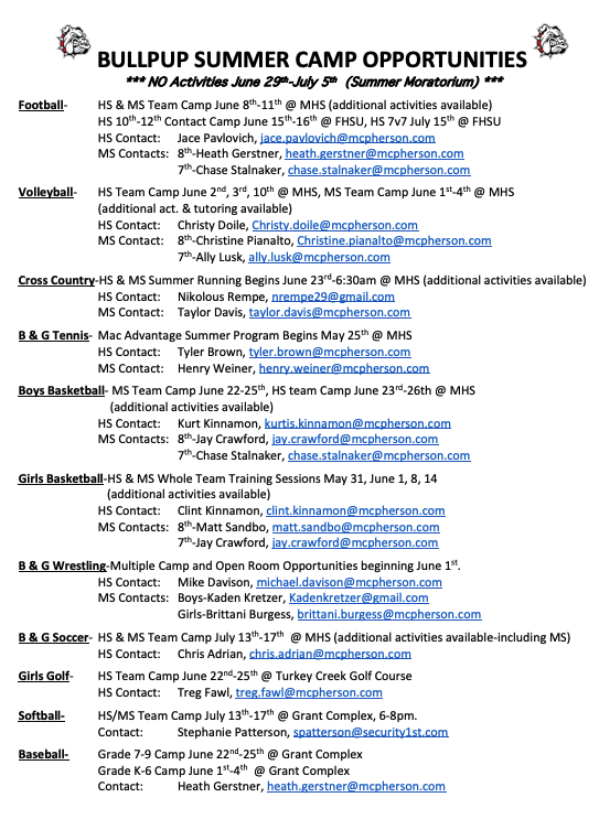 MacMiddlePups's tweet photo. As June begins there are multiple summer camp opportunities beginning!  Check on the schedule below, contact coaches listed with questions.  GO PUPS! #bullpupnation https://t.co/7rz57bVRrI