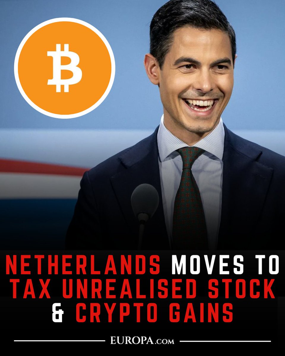 europa's tweet photo. 🇳🇱 Dutch lawmakers have approved a Box 3 tax reform that would introduce a 36% flat tax on investment returns, including unrealised gains on stocks and crypto, from 2028.

If passed into law, investors could be taxed on rising asset values even before selling them.

Follow: @europa