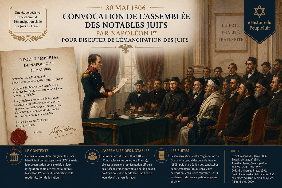 JeromeAttalOff's tweet photo. 30 mai 1806
Convocation de l’assemblée des notables juifs par Napoléon 1er pour discuter de l’émancipation des juifs citoyens français depuis 1791.

#HistoireduPeupleJuif
#JewishHistory
#HistoiredeFrance

Combattre l’#antisemitisme par la connaissance https://t.co/5Q8tKEegIB