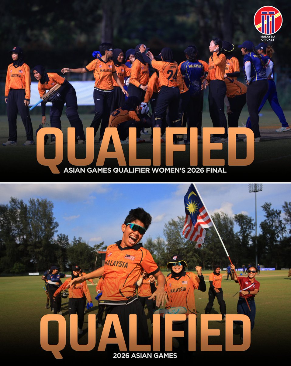 MalaysiaCricket's tweet photo. DOUBLE QUALIFICATION 🇲🇾🔥

✅ Asian Games Qualifier Women’s 2026 Final
✅ Qualified For The 2026 Asian Games

A proud moment for our girls as they achieve both targets and continue their remarkable journey 👏🏏❤️

The job isn't finished yet. One final remains. 🏆 https://t.co/f7946HS2Uk