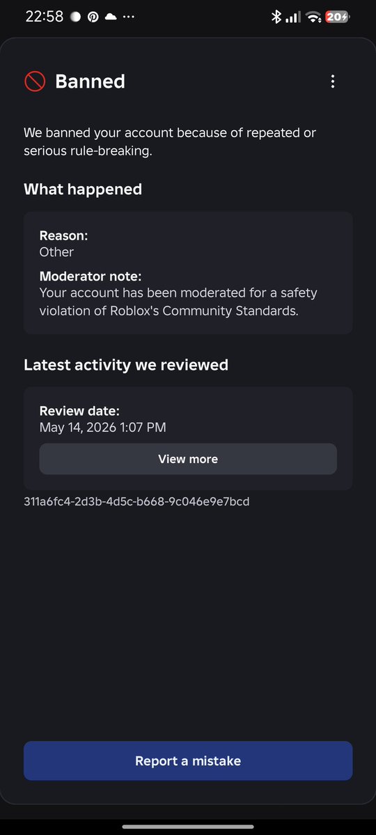 rayanparm's tweet photo. I was banned for something i did not do and i stopped playing Roblox a while and i got randomly banned after school for "child endargement" basically roblox told me to go "f*ck myself" and they are not helping i have 2 weeks left to appeal and they wont help https://t.co/gNZdM4lF4K