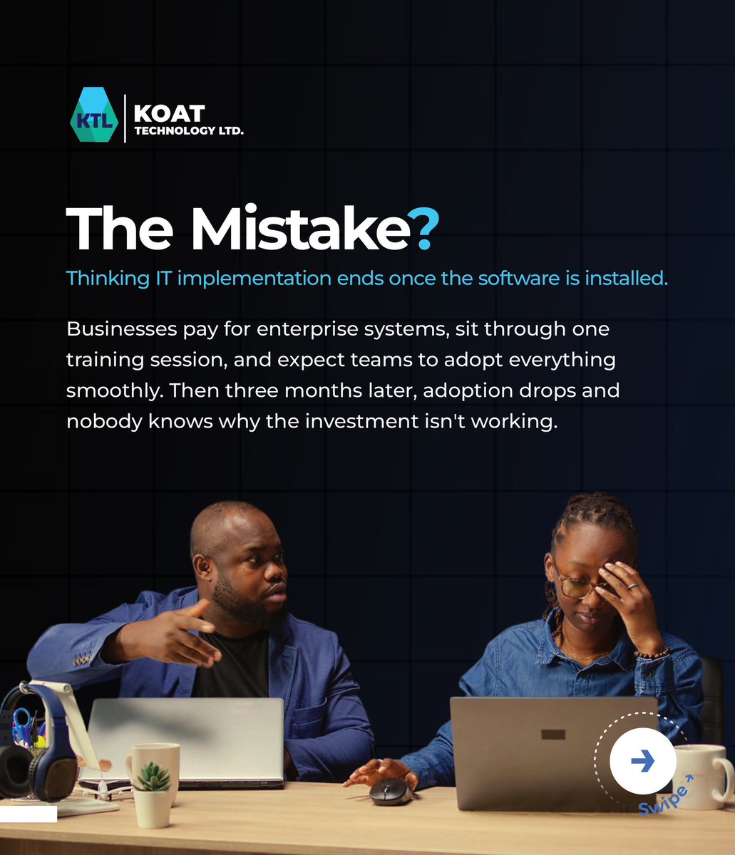 KoatTech's tweet photo. The biggest IT mistake Nigerian enterprises are still making in 2026? Treating implementation like it ends at installation. It doesn't, and that's where most systems fail.
#KOATTechnology #ITInfrastructure #DigitalTransformationNG #NigeriaBusiness #TechLeadership #ManagedServices https://t.co/xXimXZmcK3