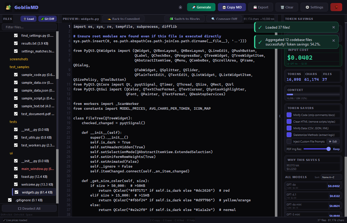 0xovoo's tweet photo. built GoblinMD — an offline desktop app to pack code folders &amp; PDFs into token-saving prompts for LLMs. 

 strips comments, docstrings &amp; space
 extracts PDF text &amp; visual diagrams to drop in
 offline token count &amp; Git diff filter

free &amp; open source:
https://t.co/oyNGBu4hcq https://t.co/R92hdHhRKC