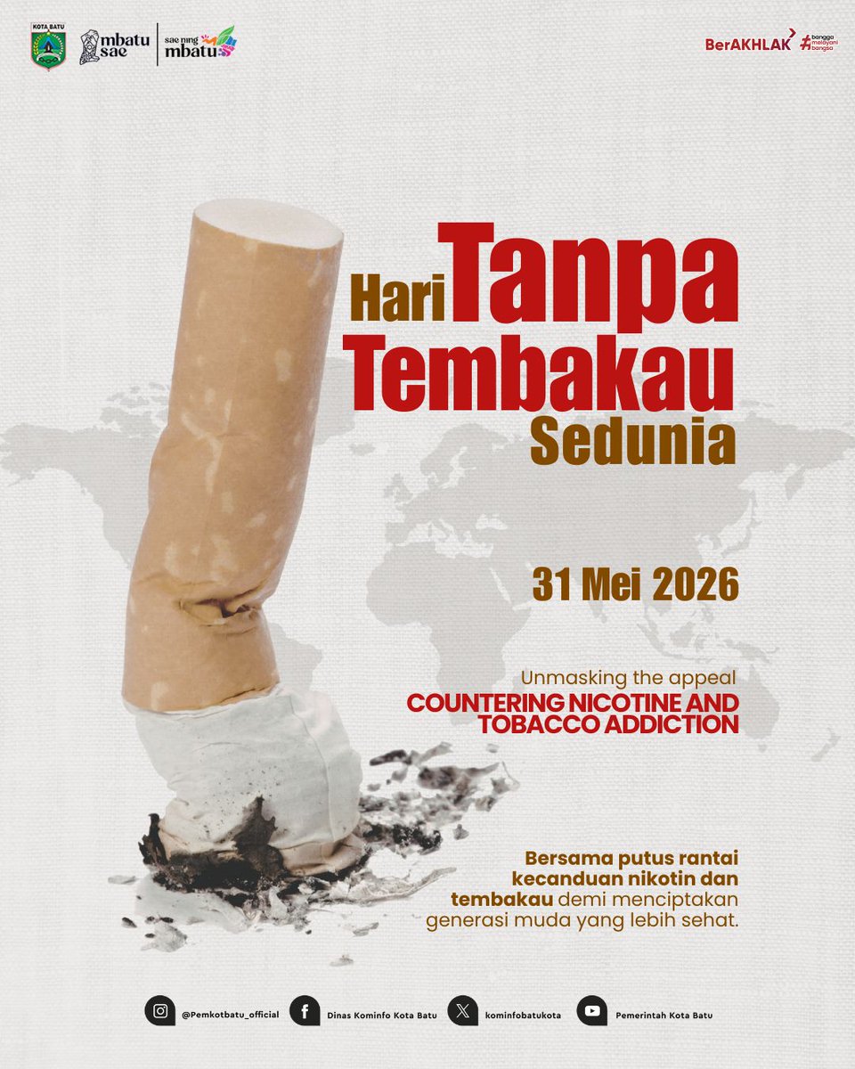 pemkotbatukota's tweet photo. Mari jadikan Hari Tanpa Tembakau Sedunia sebagai momentum untuk memilih hidup lebih sehat, serta melindungi diri dan orang terdekat dari bahaya rokok. 🚭

#haritanpatembakausedunia #htts #worldnotobaccoday #WNTD2026 #kotabatu #pemkotbatu #mbatusae https://t.co/H6KxGemZTj