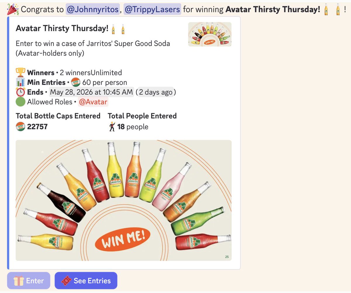 TrippyLasers's tweet photo. Thirsty Thursdays never disappoint in the @Jarritos discord, still giving out free soda every single week. Cheers fam! https://t.co/LJZivUlfIV