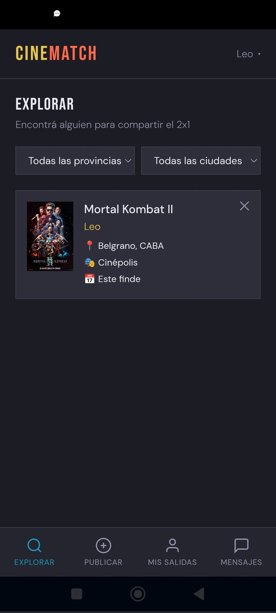 lgiorda82's tweet photo. ¿Querés aprovechar el 2x1 del cine pero no tenés con quién ir? (o son impares y necesitan un extra)

Hice una app para eso: publicás la peli, fecha y ciudad → alguien te solicita ir → aceptás → se envían mensajes privados desde la misma app para coordinar. https://t.co/uMKwP2srDN