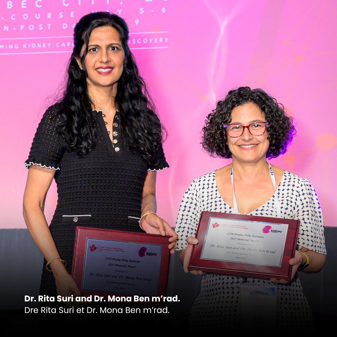 kidneycanada's tweet photo. We are pleased to announce Dr. Rita Suri and Dr. Mona Ben m’rad as the recipients of the 2025 CSN-Otsuka Vicky Karoutas Memorial Award to support patient-centered #research. Read more: https://t.co/9DsjlSZ0yz https://t.co/BUmHyB7BfD