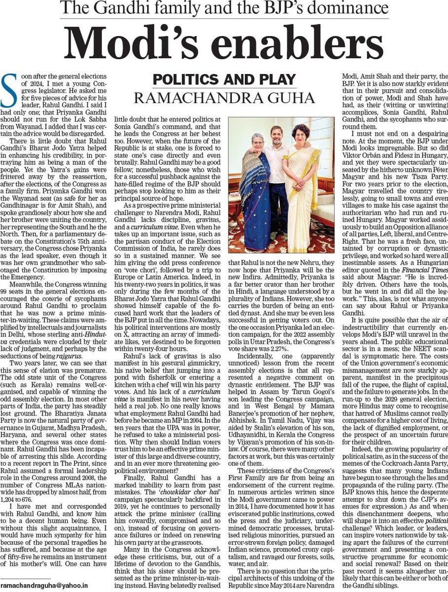 rkalia80's tweet photo. The loudest alarm bells for Rahul Gandhi aren't coming from BJP supporters anymore. They're coming from his own intellectual ecosystem.

For years, @Ram_Guha was among @RahulGandhi's most loyal intellectual defenders.

Now even he seems to have run out of excuses.

When long-time Darbaris start questioning the Gandhi family's leadership, Congress's inability to reform, and its refusal to nurture alternative leaders, it says more than any criticism from political opponents ever could.

Guha's assessment is brutal: Rahul Gandhi "lacks discipline, gravitas, and a curriculum vitae" to be a serious challenger to Narendra Modi, and even when he takes up an important issue, he rarely pursues it in a sustained manner.

When long-time Darbaris start admitting what critics have been saying for years, the problem is no longer perception.

It's Rahul Gandhi...