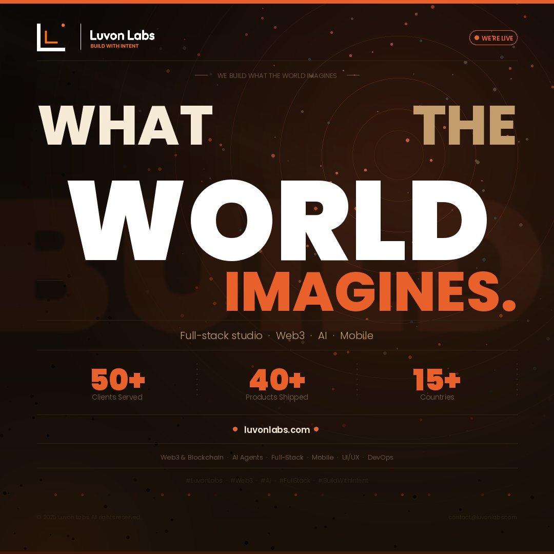 luvonlabs's tweet photo. Luvon Labs is live. 🔶

We build Web3, AI & full-stack products, design to deployment.

→ Smart contracts & DeFi protocols
→ AI agents & LLM integrations
→ Web & mobile apps
→ UI/UX & product strategy

50+ clients. 40+ products shipped. 15+ countries.

If you're building something ambitious — let's talk.

https://t.co/mq1aXiFYSq
contact@luvonlabs.com

#LuvonLabs #Web3 #AI #FullStack #BuildWithIntent #Blockchain #StartupDev