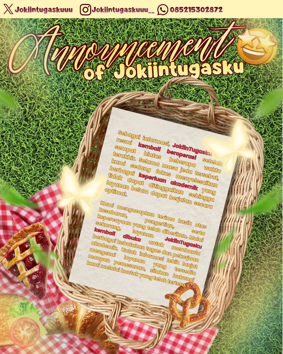 jokiintugaskuuu's tweet photo. 🎉 JokiinTugasku Buka Kembali!🎉
Setelah sempat hiatus karena adanya keperluan akademik yang tidak dapat ditinggalkan, kini JokiinTugasku resmi kembali beroperasi dan siap melayani kalian lagi! ✨Terima kasih kepada semua yang telah sabar menunggu dan selama masa jeda.
#zonauang https://t.co/SuG2RB70ps