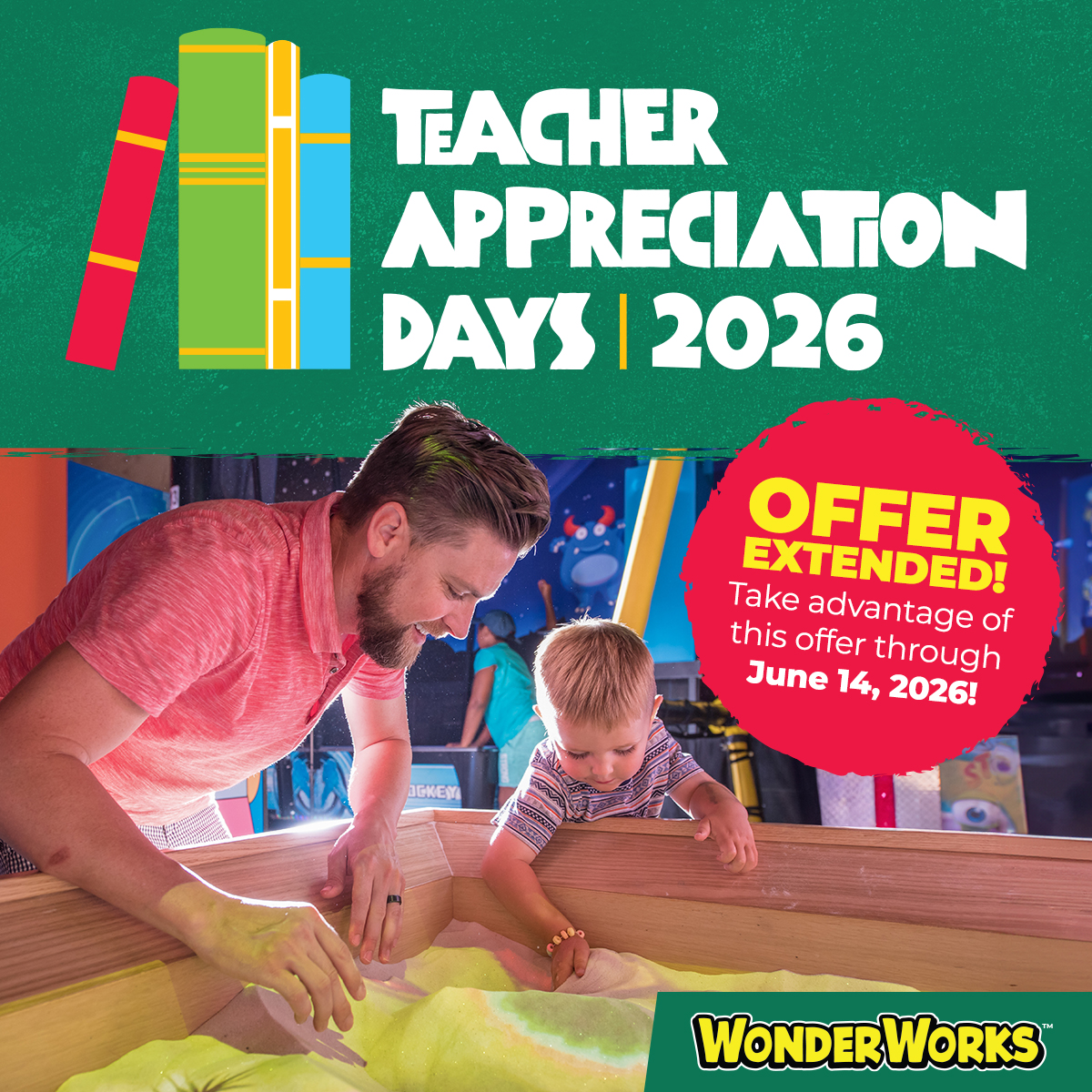 WonderWorksORL's tweet photo. Exciting news! We're EXTENDING our #TeacherAppreciation Days through JUNE 14th! 🍎 Come have some fun to celebrate the end of the school year.

✨ Teachers &amp; school staff can explore the exhibits for FREE during this event. Register here: https://t.co/cquEL7Dhor ✨ https://t.co/Tv1aGmjKc4