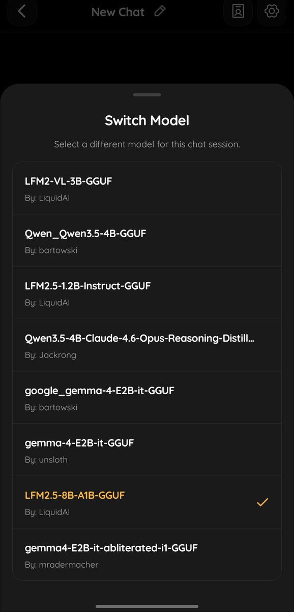 ssbrouhard's tweet photo. @humhaicoder @liquidai The best app ive found on play store to run local models on phone. New features/fixes ship regularly. LFM2.5-8B-A1B running at 28 t/s on Galaxy s25 ultra. https://t.co/kLuyUMgjVE