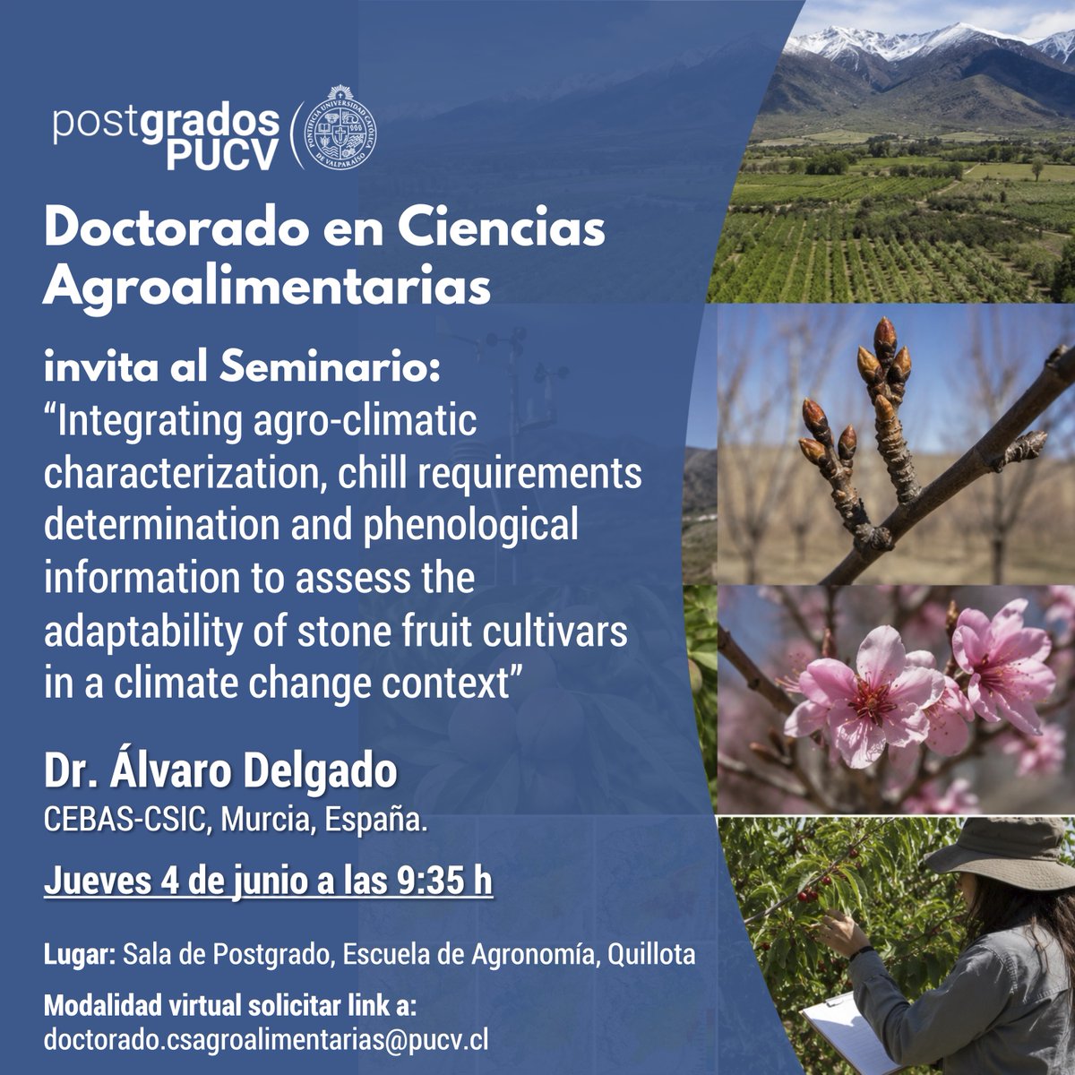 DocCsAAPUCV's tweet photo. 🌱🍑 El Doctorado en Ciencias Agroalimentarias PUCV invita al seminario del Dr. Álvaro Delgado 🇪🇸 sobre adaptación de cultivos de carozo al cambio climático 🌡️🔬

📅 4 junio | 09:35 h
💻 Link: doctorado.csagroalimentarias@pucv.cl

#DoctoradoPUCV #CambioClimático https://t.co/fR74sJ0XcM