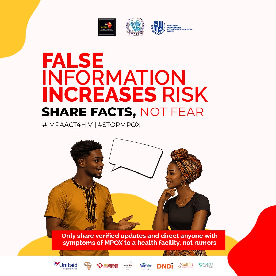 UnscriptedIdara's tweet photo. Don’t spread panic, spread facts. Your words can save lives.

#IMPAACT4HIV
#STOPMPOX

@ANAYD_Africa @iscodionline @swatchngo   @FMOH @NACA @NASCP @NHIA @UNICEF @UNAIDS @UNFPA @WHO @CHAI_Health @WORLDBANK @PATA @Aurum @teampata @UNIAID @NCDC @AURUM @AFROCAB https://t.co/ymnYfNmXiM
