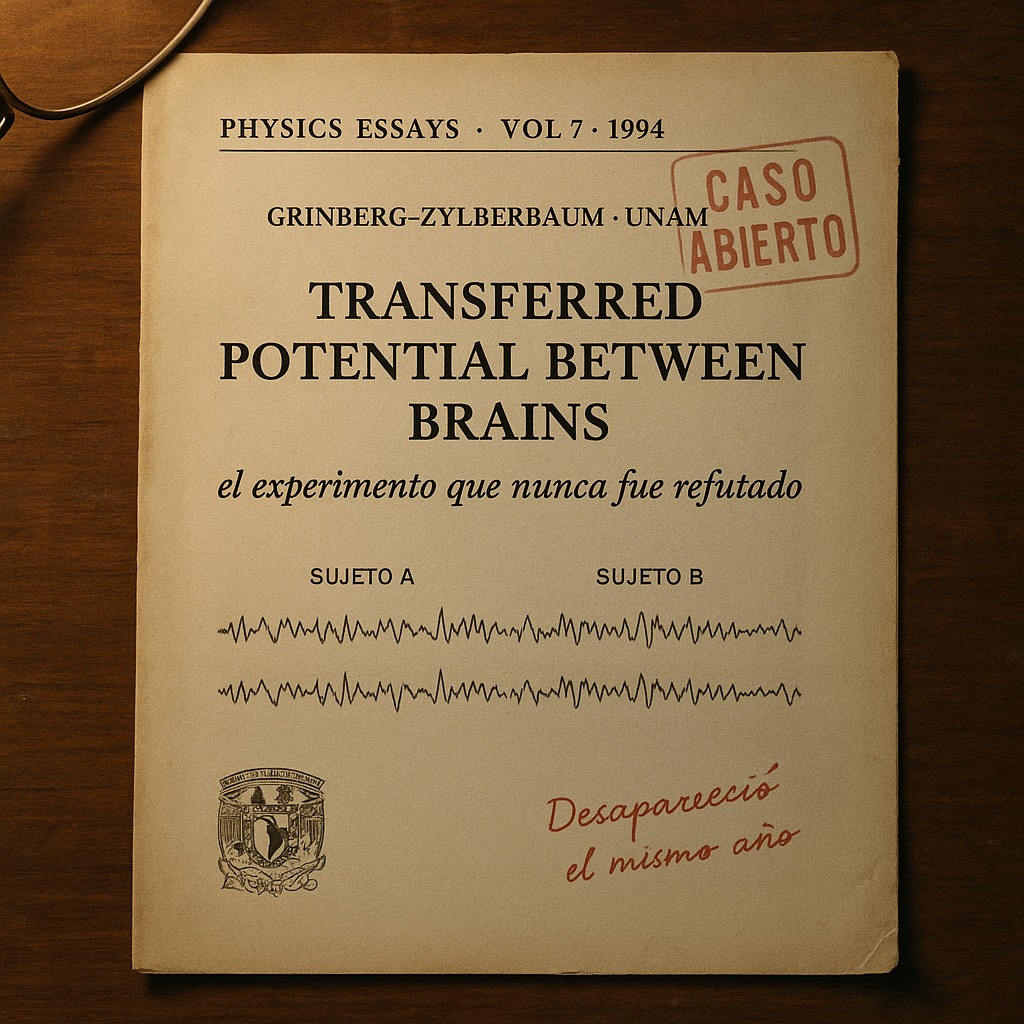 A3DPB's tweet photo. UNAM. Depto. Psicofisiología. Physics Essays, 1994.

Grinberg publicó un experimento correlacionando actividad cerebral entre dos personas sin comunicación. La UNAM nunca retractó el paper. Físicos lo citan hace 30 años. Grinberg desapareció en 1994.

Archivo del científico ↓