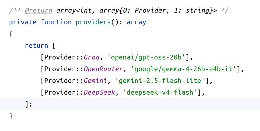 akmandev's tweet photo. Doing some backfilling for Reddiscope.

Task: run sentiment analysis on ~1.5 million Reddit posts.

Created a small analyzer that sends each post to an LLM API provider and automatically switches to the next provider+model combo whenever the provider rate limit is hit.

I'm using Prism, which provides a 'resetsAt' property when PrismRateLimitedException is thrown, so I can resolve TTL per provider/model, cache it, and switch to the next provider until then.

The implementation is quite simple, but extremely effective. 

So far, processed 1M+ jobs without a single failure 🙂
