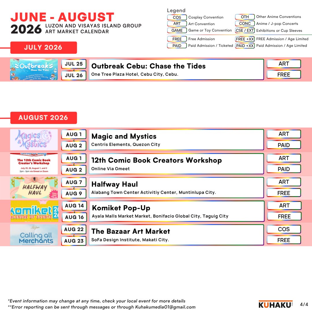 KuhakuMedia's tweet photo. JUNE, JULY, AND AUGUST ART MAKRET CALENDAR

Ready to spot your next art adventure this Pride Month? 🏳️‍🌈 Our June to August calendar gives you ideas on your next art events from Luzon and Visayas. 🎨

Con Responsibly, Oranges!🍊🛒 https://t.co/iOISkE7UlN