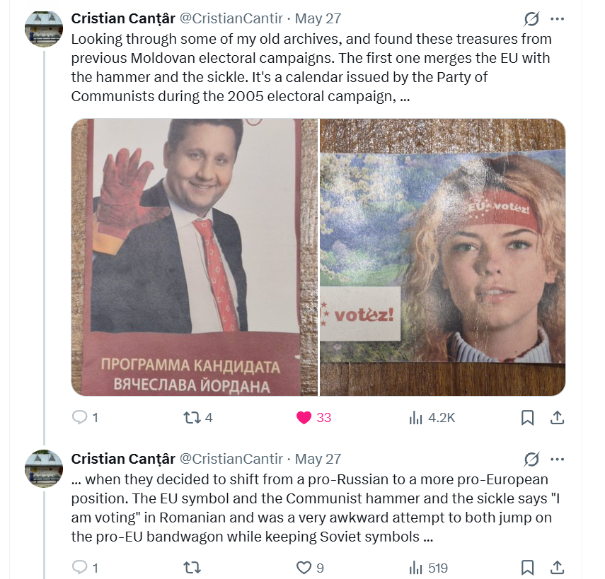 almodozo's tweet photo. Rare moments in East-European politics: that time the Party of Communists of Moldova tried welding together its hammer and sickle and the EU stars (via @CristianCantir) https://t.co/5sGYO3QEKq