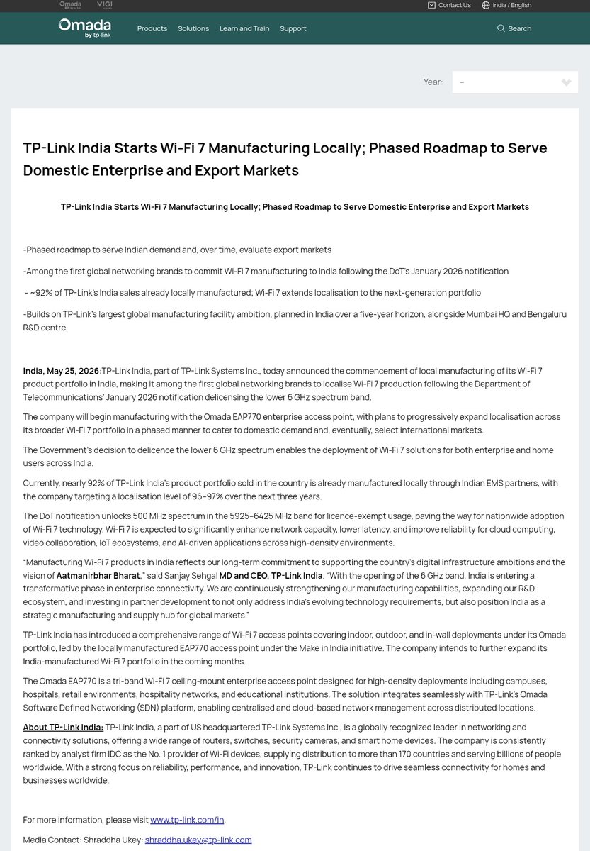 yabhishekhd's tweet photo. 🇮🇳 TP-Link has started manufacturing Wi-Fi 7 products in India.

The move comes after India opened the lower 6 GHz band for unlicensed use earlier this year, paving the way for wider Wi-Fi 7 adoption in the country.

The first product being manufactured locally is the Omada EAP770, a Wi-Fi 7 access point (AP). Unlike a traditional router that manages internet traffic, an access point is used to provide high-speed Wi-Fi coverage and is commonly deployed in offices, campuses, hospitals, hotels, retail stores and educational institutions.

TP-Link says around 92% of the products it sells in India are already made locally, and the company plans to increase that figure to 96-97% within the next three years.

As more Wi-Fi 7 smartphones, laptops and networking devices enter the market, local manufacturing could help accelerate adoption of next-generation wireless technology across India. 🇮🇳📶
