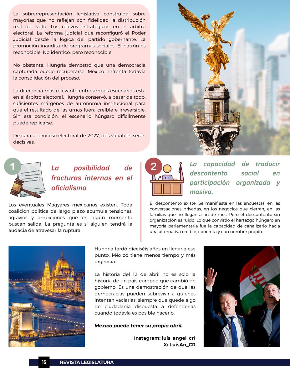 Rlegislatura's tweet photo. 🏛️🇭🇺 Lo que Hungría le cuenta a México

El debate sobre la fortaleza de las instituciones democráticas y los límites del poder político volvió al centro de la conversación pública tras las elecciones de abril de 2026 en Hungría.

⚖️ El artículo “Lo que Hungría le cuenta a México” analiza cómo un sistema político que durante años concentró poder en el Ejecutivo logró ser revertido por la vía electoral, así como las lecciones que este proceso ofrece para las democracias contemporáneas.

📊 La reflexión aborda temas como la autonomía de los órganos electorales, la independencia judicial, la representación política y la capacidad de la ciudadanía para corregir democráticamente los excesos del poder.

📖 El abogado Constitucionalista @LuisAn_CR sostiene que la principal enseñanza del caso húngaro es que las democracias pueden recuperarse, pero requieren instituciones sólidas, participación ciudadana organizada y una sociedad dispuesta a defender sus libertades antes de que sea demasiado tarde.

https://t.co/DqSxOSG7J4